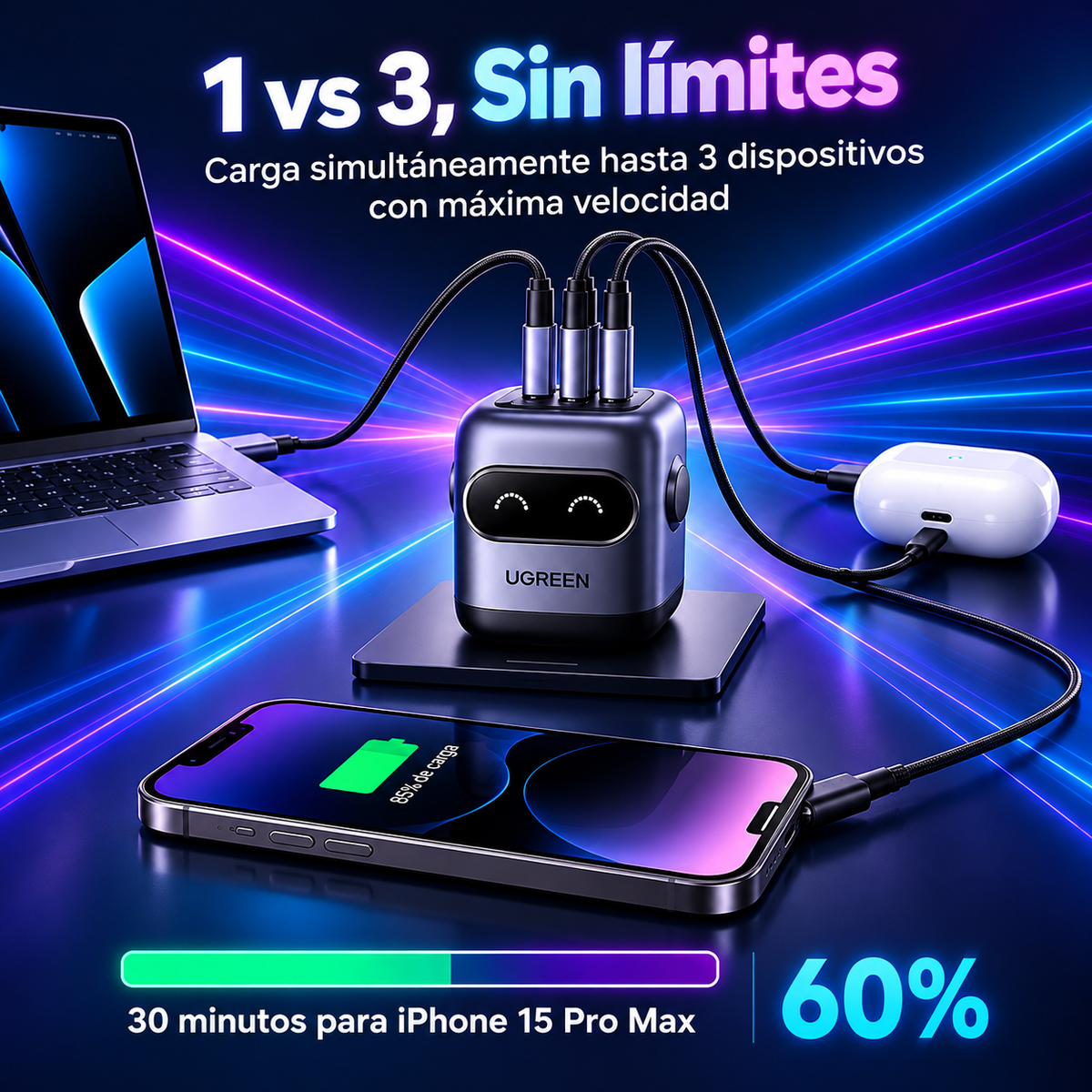 Cargador UGREEN GaN 65W con 2 USB-C + 1 USB-A Diseño Robot