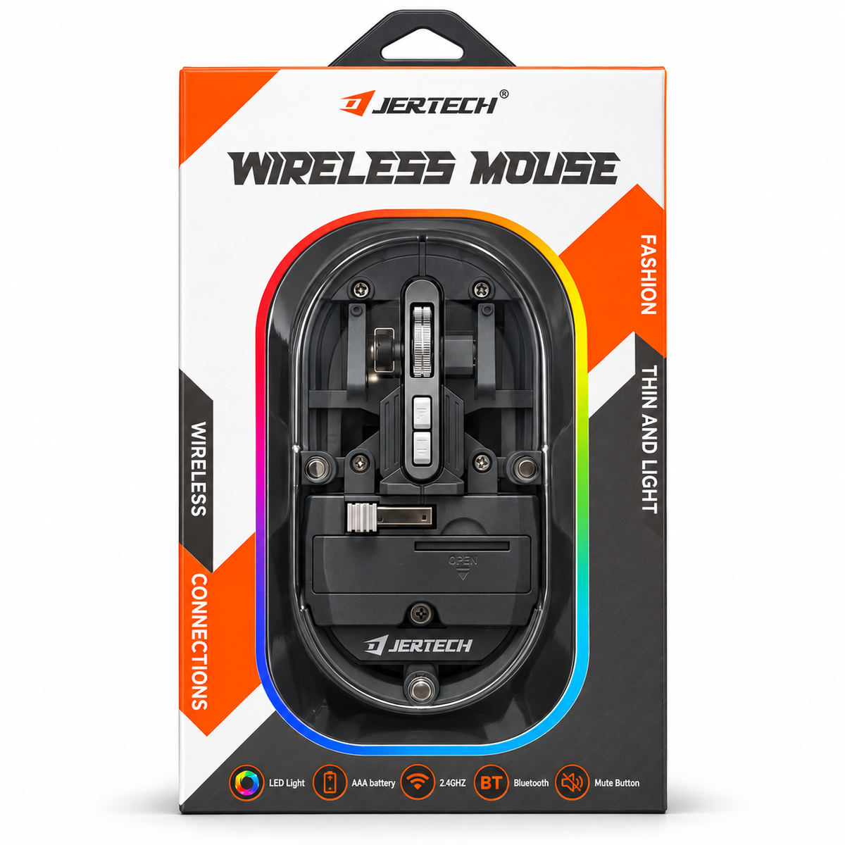 Mouse Inalámbrico Jertech Transparente RGB – Bluetooth y USB 2.4 GHz