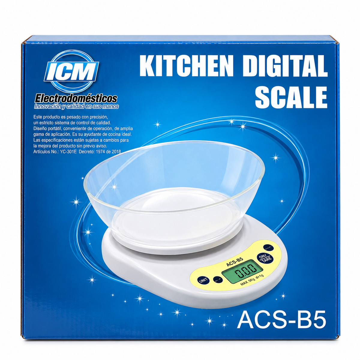 Gramera Digital de Cocina ICM ACS-B5 con Recipiente y Pantalla LCD