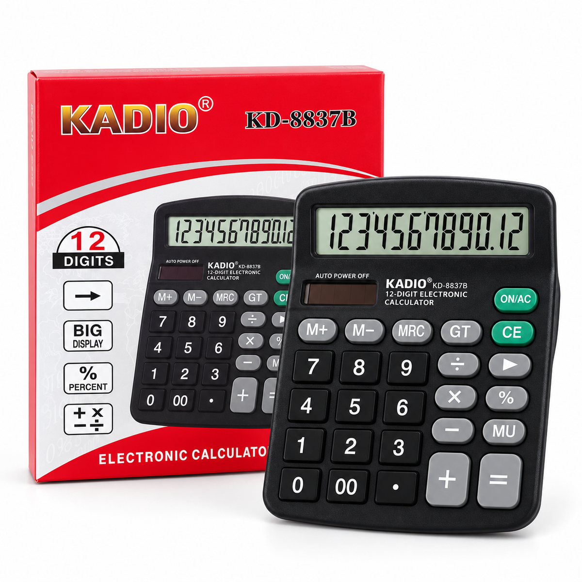 Calculadora Electrónica KADIO KD-8837B de 12 Dígitos con Pantalla Grande