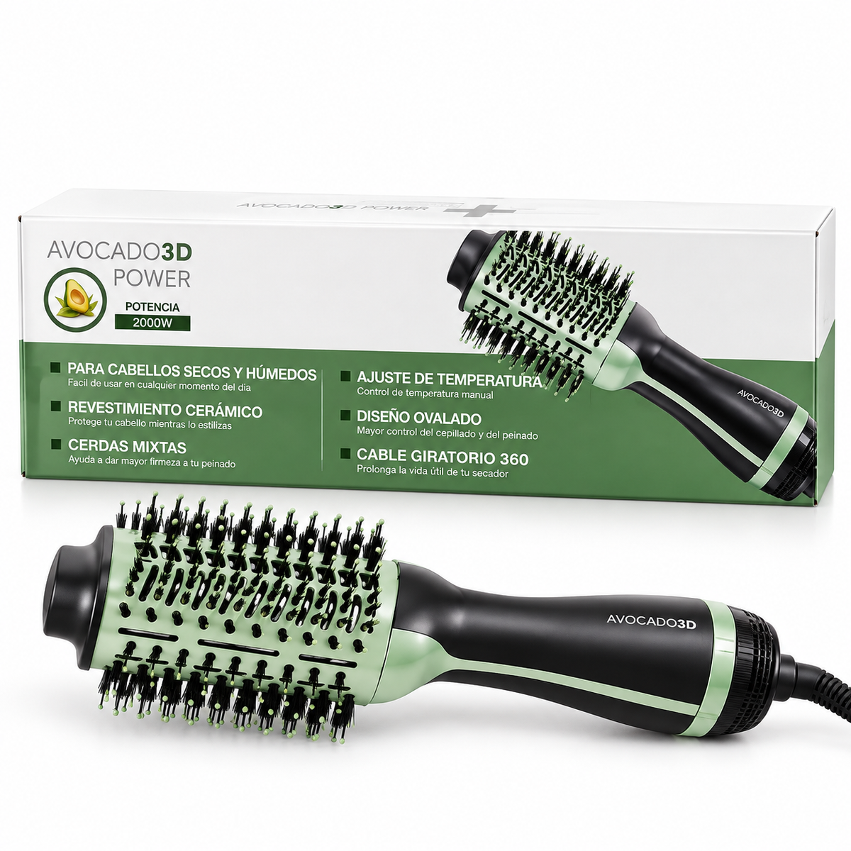 Cepillo Secador Avocado 3D de 2000W con Revestimiento Cerámico y Cerdas Mixtas