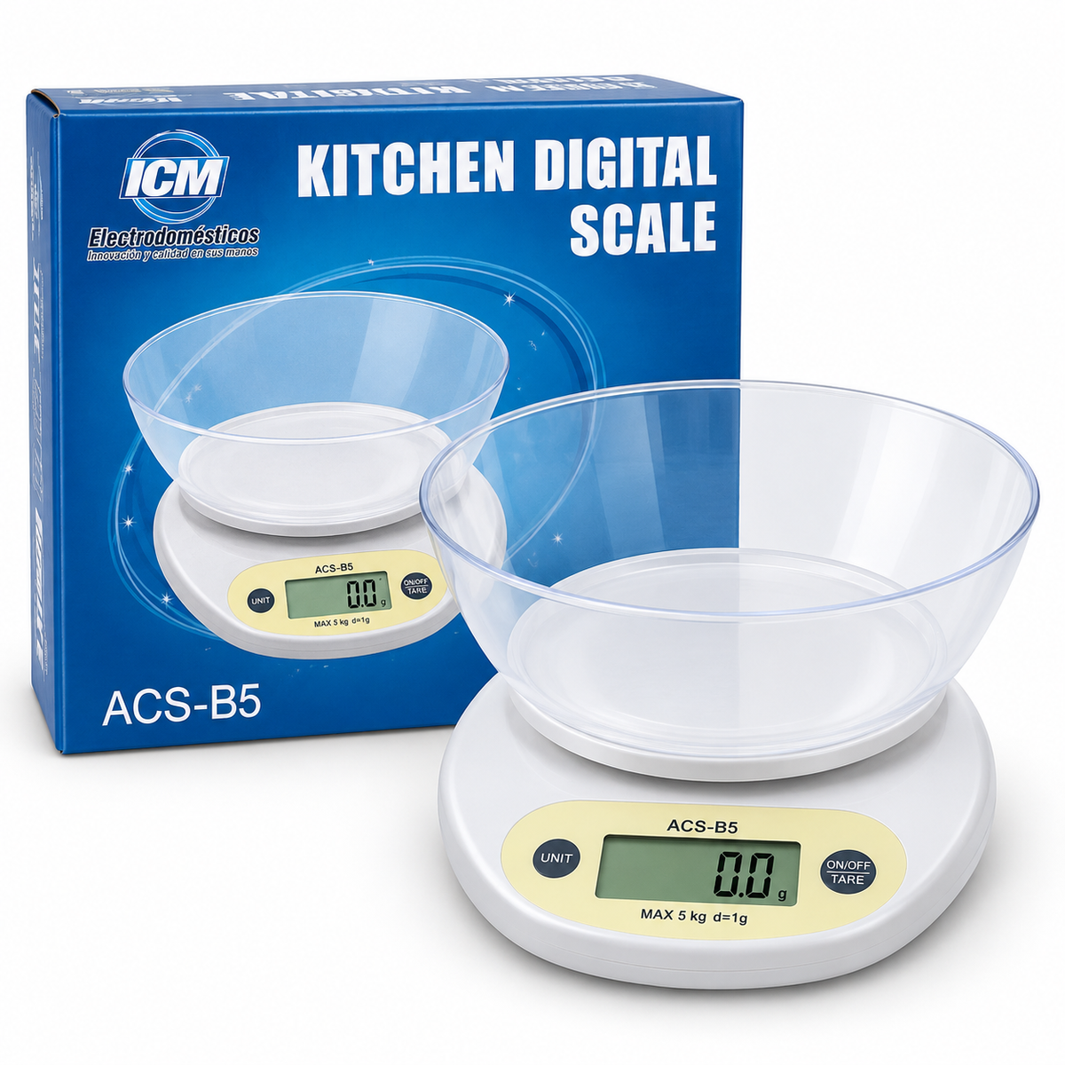 Gramera Digital de Cocina ICM ACS-B5 con Recipiente y Pantalla LCD
