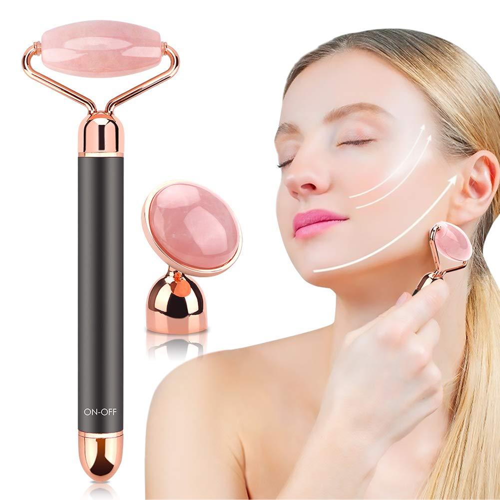 Rodillo Facial Vibratorio de Cuarzo Rosa Flawzbss – Masajeador 2 en 1