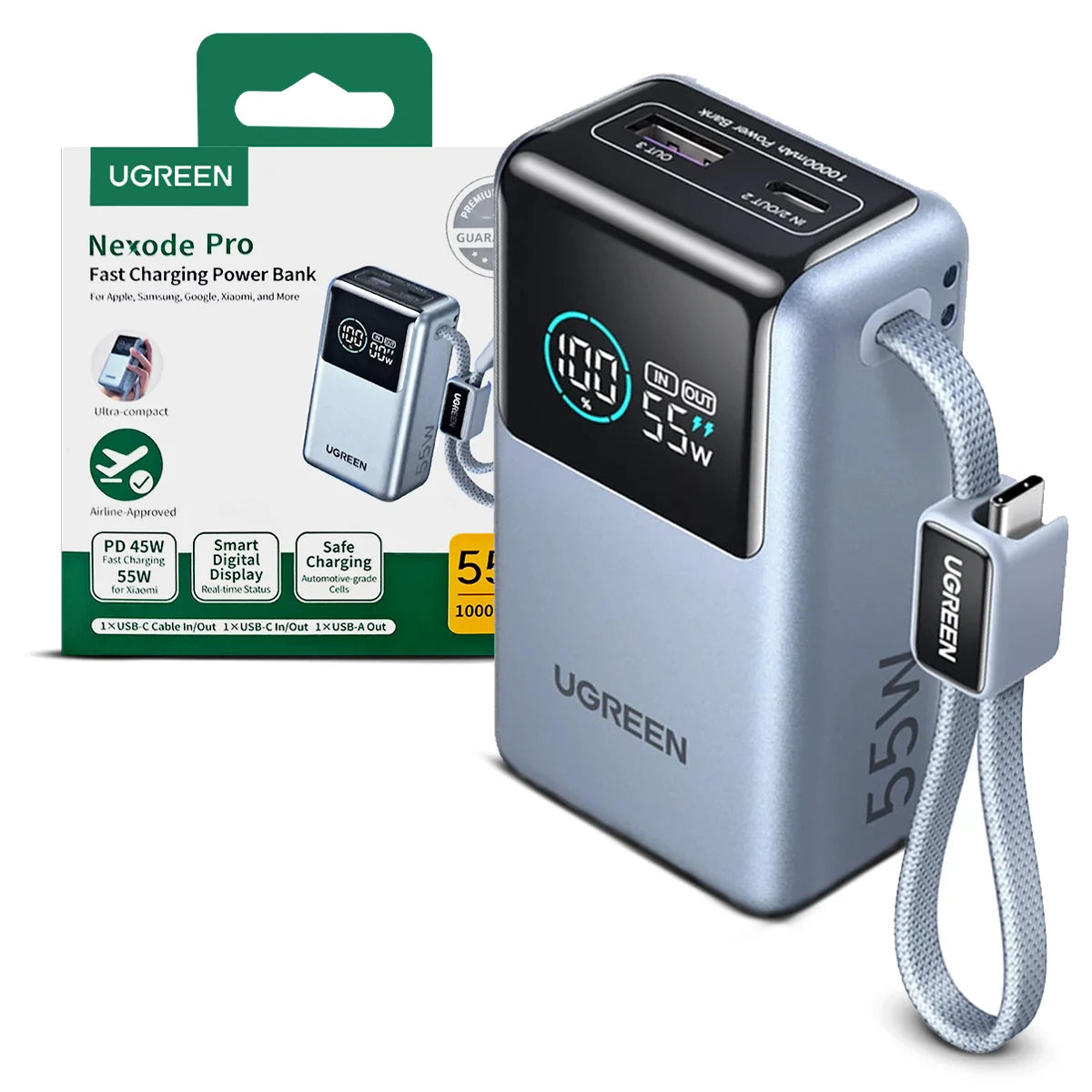 Power Bank UGREEN Nexode Pro 10.000 mAh 55W con Cable USB-C Integrado y Pantalla Digital