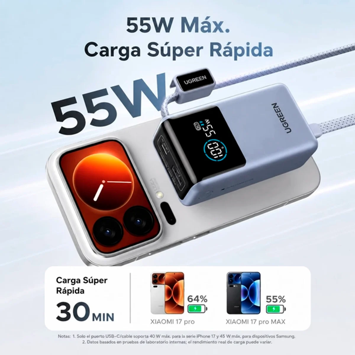 Power Bank UGREEN Nexode Pro 10.000 mAh 55W con Cable USB-C Integrado y Pantalla Digital