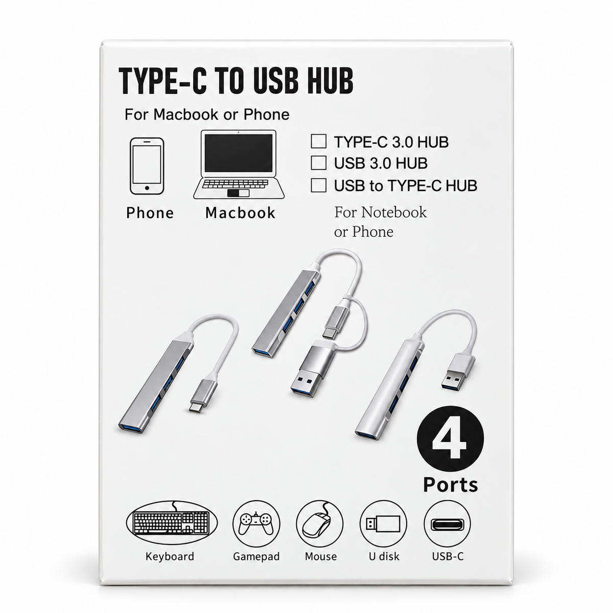 Adaptador HUB USB-C de 4 Puertos USB 3.0 – Multipuerto para MacBook, PC y Celular