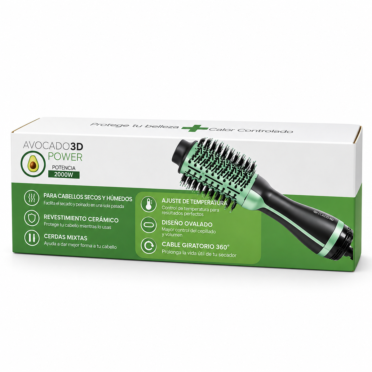 Cepillo Secador Avocado 3D de 2000W con Revestimiento Cerámico y Cerdas Mixtas