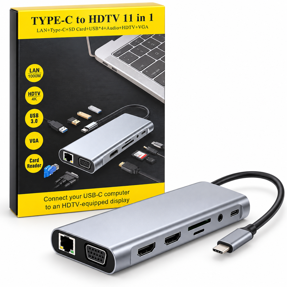 Hub USB-C 11 en 1 Multipuerto HDMI 4K VGA Ethernet USB 3.0 y Lector SD
