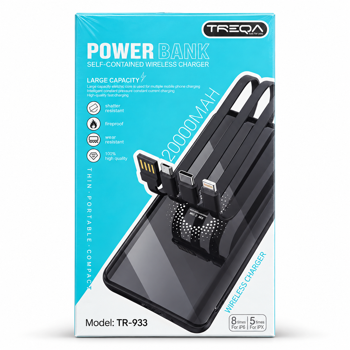 Power Bank TREQA TR-933 20000 mAh con Carga Inalámbrica y Cables Integrados