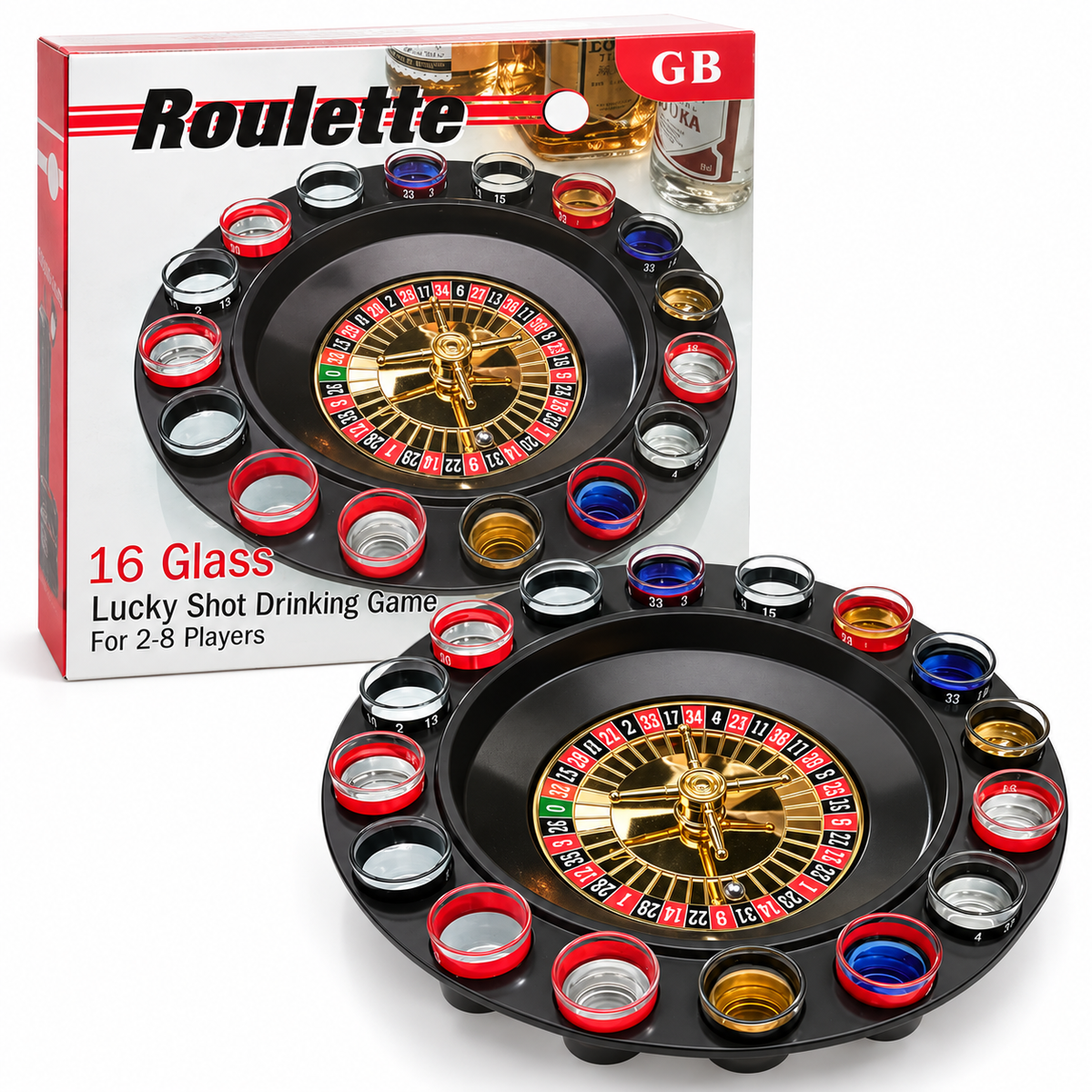 Juego de Ruleta con 16 Vasos para Shots – Ruleta de Fiesta para 2 a 8 Jugadores