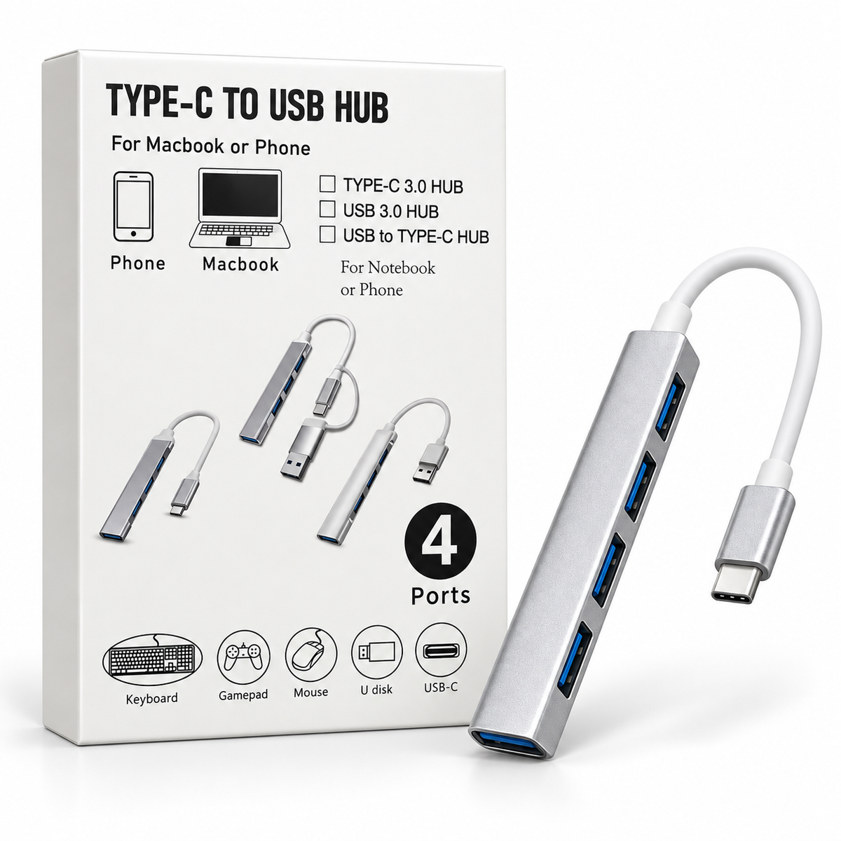 Adaptador HUB USB-C de 4 Puertos USB 3.0 – Multipuerto para MacBook, PC y Celular