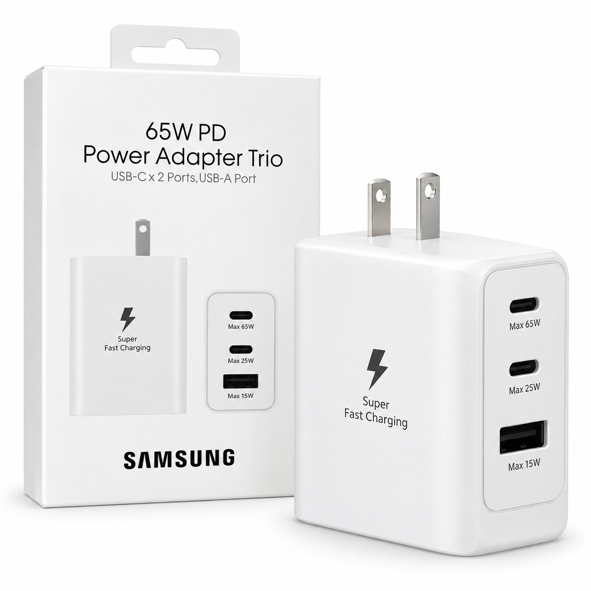 Cargador Samsung 65W PD Trio de 3 Puertos USB-C y USB-A – Carga Rápida