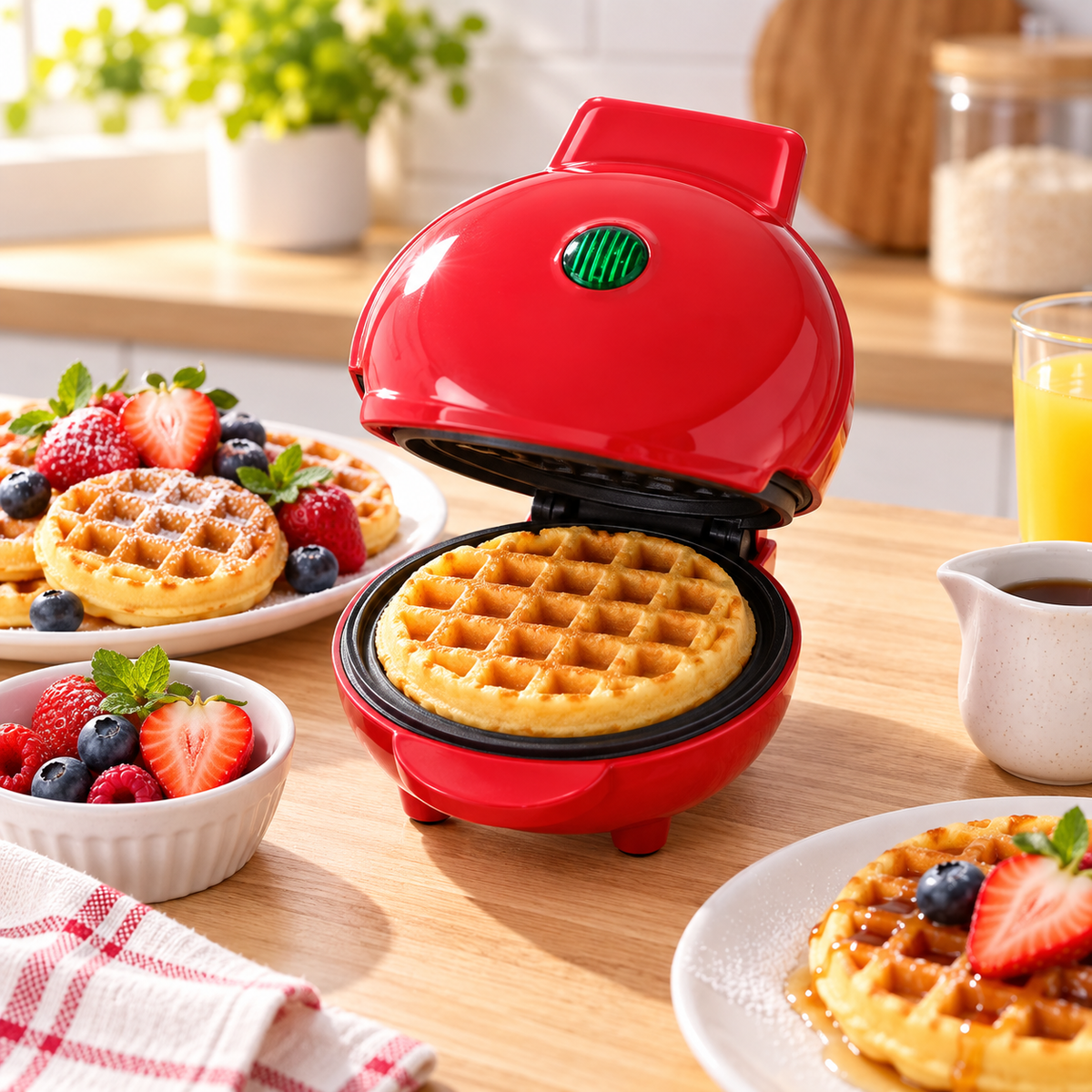 Mini Waflera Eléctrica Antiadherente 350W – Roja