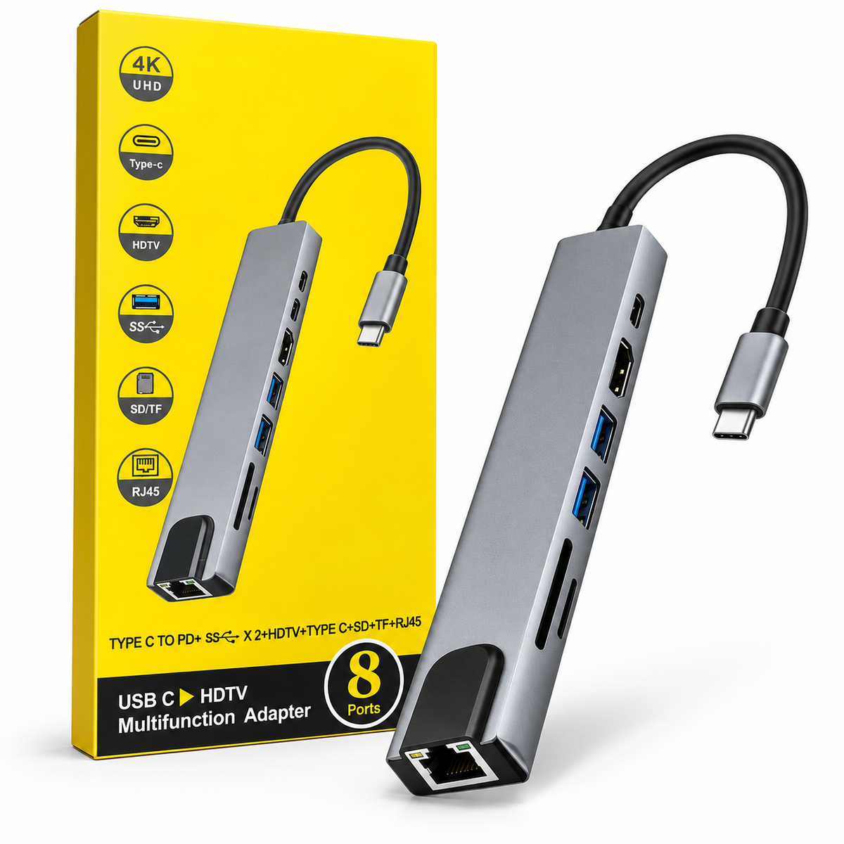 Hub Adaptador USB-C 8 en 1 Multifuncional con USB 3.0, Lector SD y Audio
