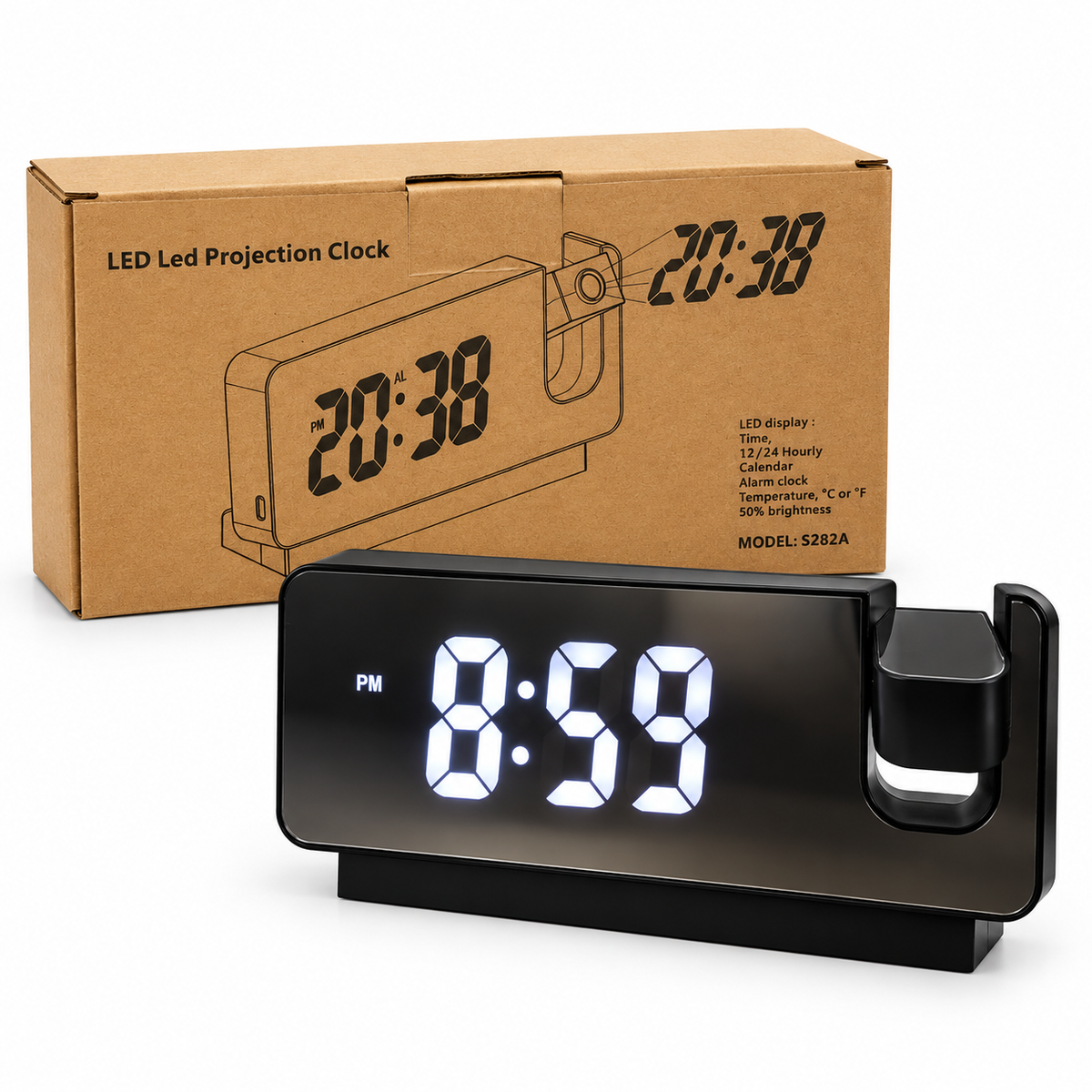 Reloj Despertador Digital LED S282A con Proyección de Hora y Temperatura