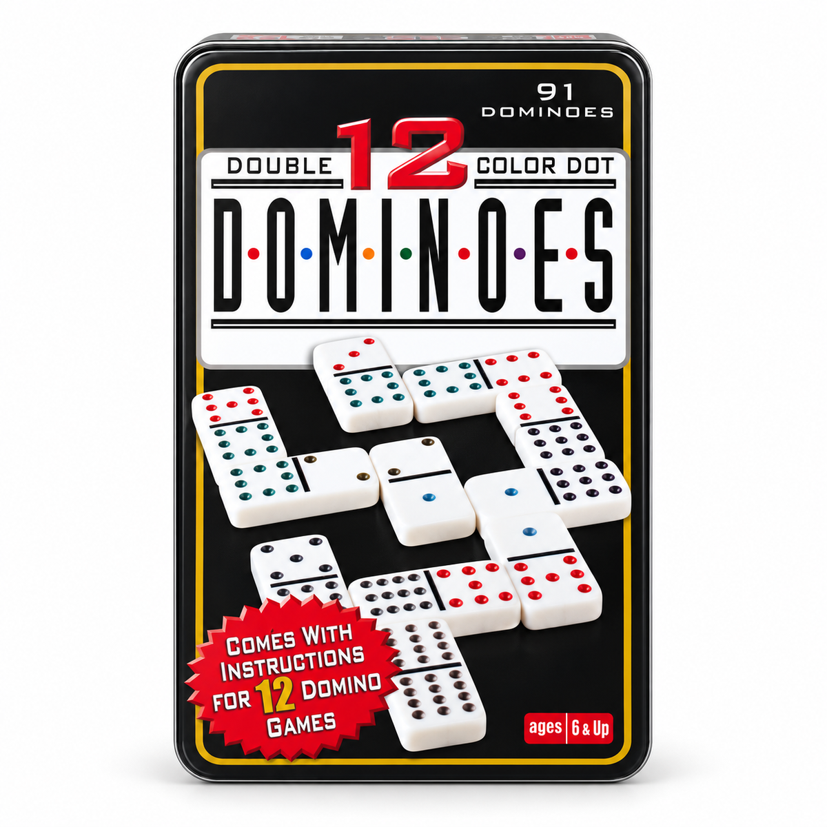 Juego de Dominó Doble 12 de 91 Fichas con Puntos de Colores y Estuche