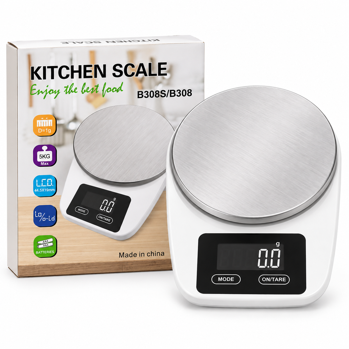 Gramera Digital de Cocina B308S/B308 de 5 kg con Plataforma Redonda y Función Tara