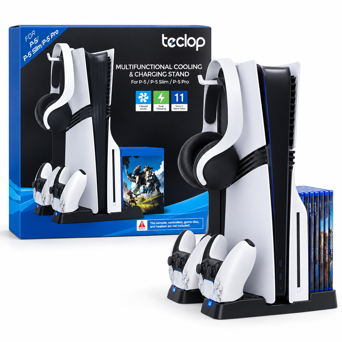 Base Vertical Multifuncional para PS5, PS5 Slim y PS5 Pro con Ventilador y Cargador Dual